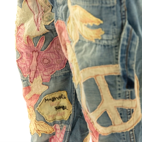 New Magnolia Pearl Love Applique Overalls Woodstock 032 Overall Denim Jeans jean - Picture 11 of 17